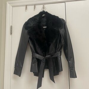 Black  Fur Collar Leather Jacket